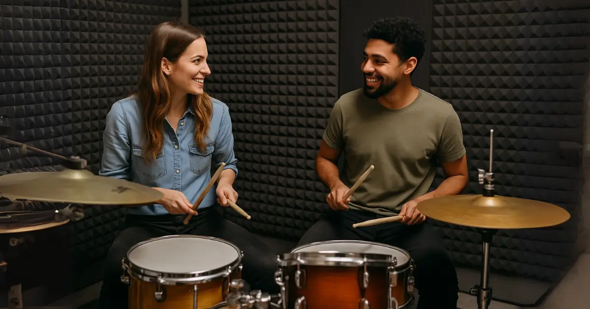 Mulher com camisa jeans e homem com camiseta verde tocam bateria frente a frente em estúdio com isolamento acústico Curso de Bateria Presencial em Vila Augusta