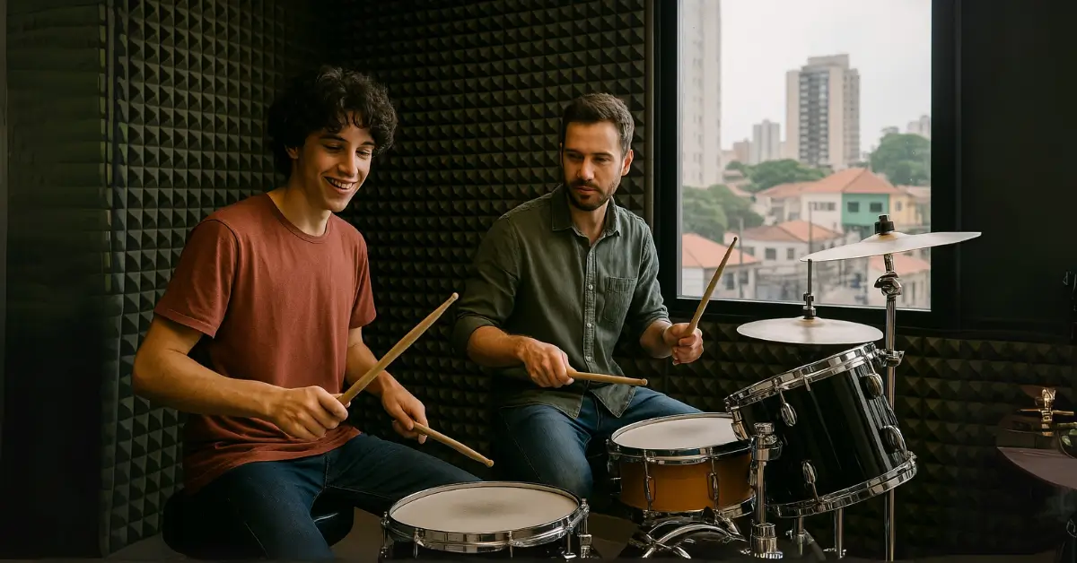 Jovens praticando bateria juntos em estúdio com vista para Vila Augusta