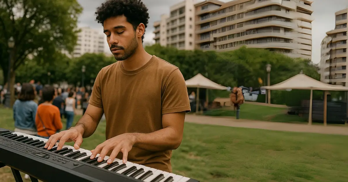 Jovem tocando teclado em evento ao ar livre em parque urbano.