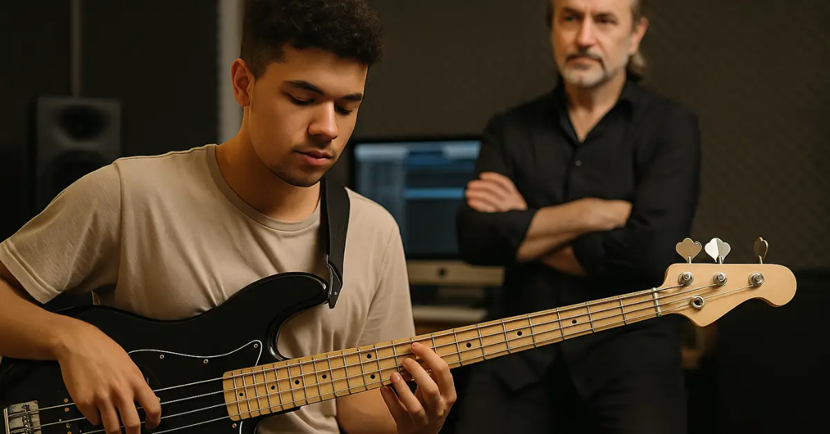 Jovem toca contrabaixo preto em estúdio profissional enquanto professor experiente observa ao fundo.
