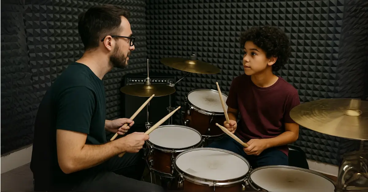 Professor segurando baquetas ensina menino em bateria completa dentro de estúdio com espuma acústica em Guarulhos Aula de bateria entre professor e criança em estúdio na Vila Augusta