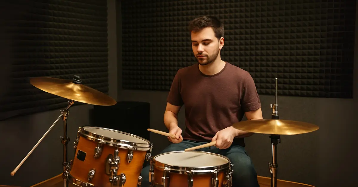 Rapaz jovem com camiseta vinho toca bateria em estúdio com tratamento acústico, representando aula prática presencial em Guarulhos. Curso de Bateria Presencial em Vila Augusta, Guarulhos