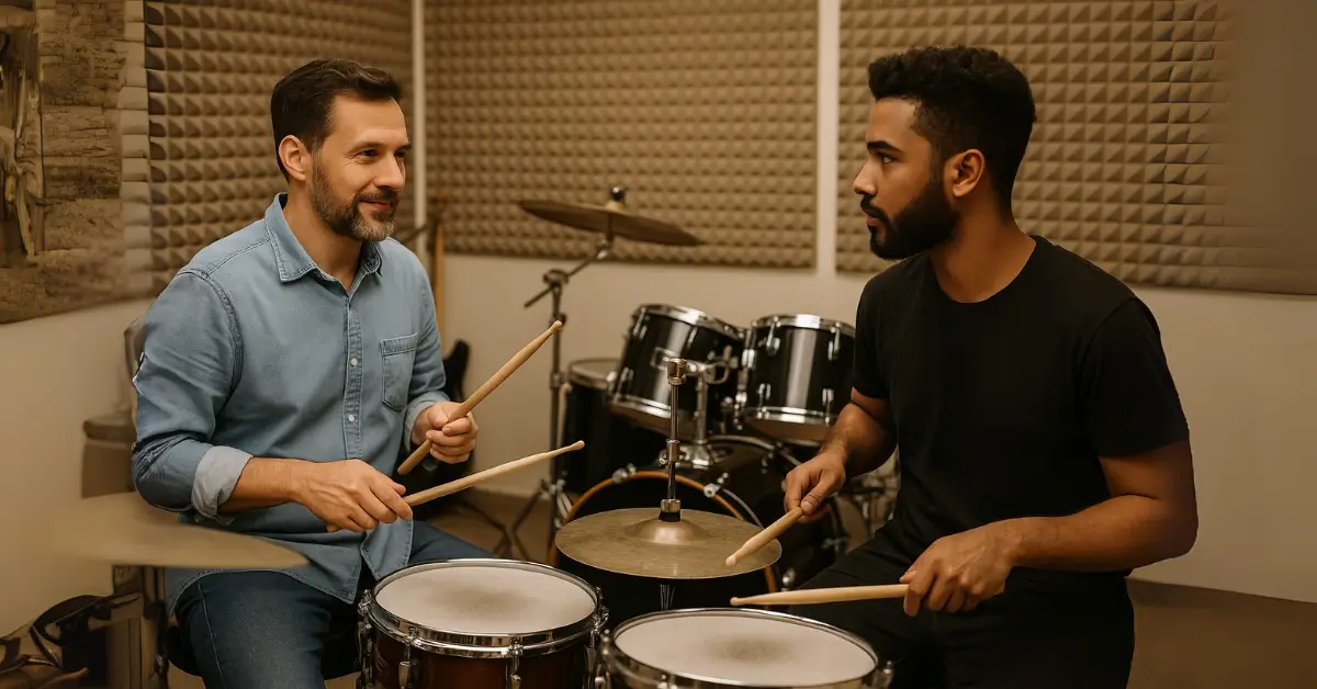 Professor de bateria orienta aluno durante aula presencial em estúdio