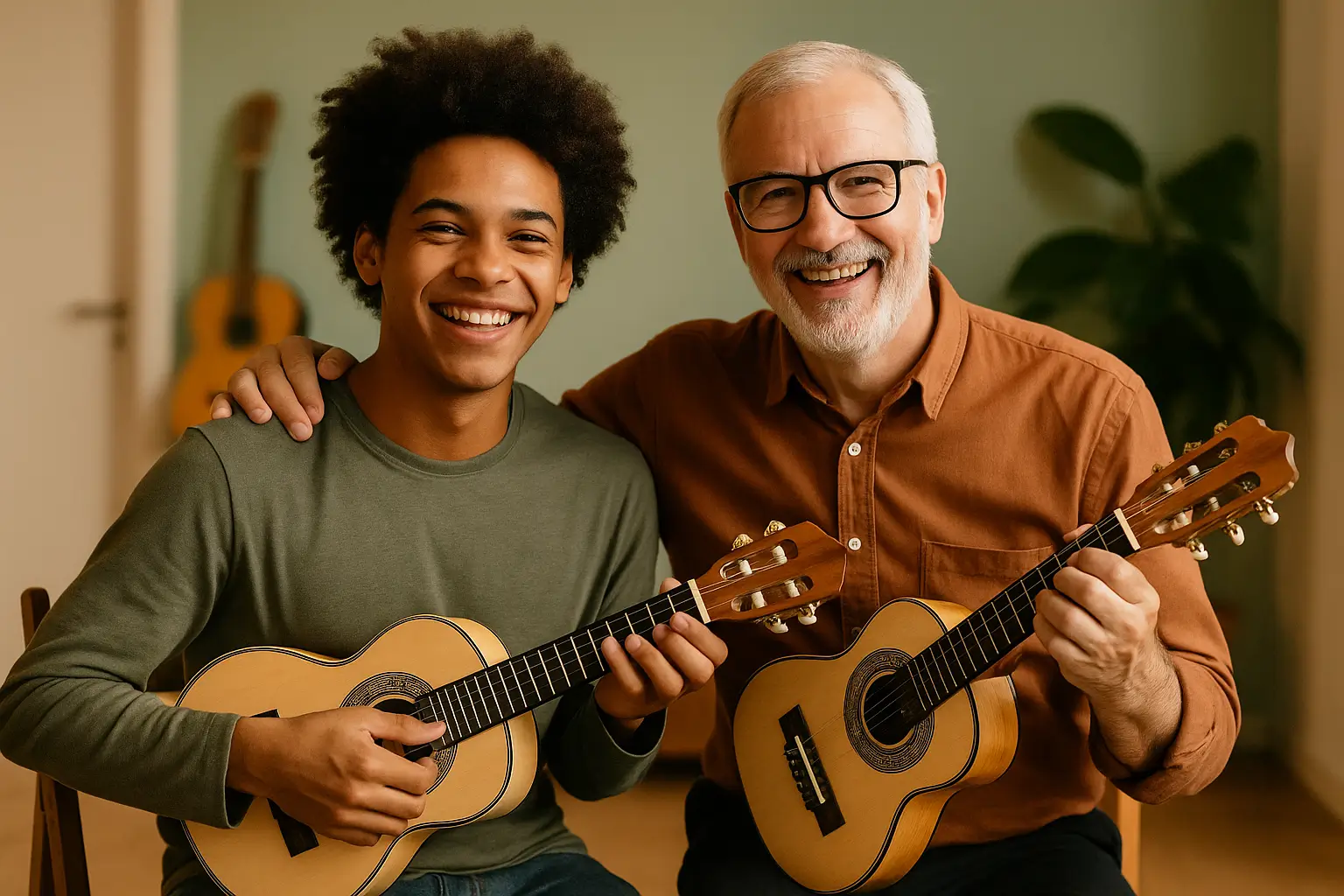 Professor e aluno sorrindo juntos com cavaquinhos em sala de aula em Guarulhos.