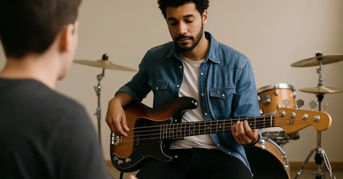 Jovem tocando contrabaixo em aula prática com professor ao fundo, em estúdio musical com bateria.