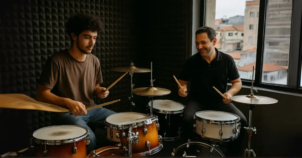 Dois alunos tocando bateria em estúdio em Vila Augusta, Guarulhos