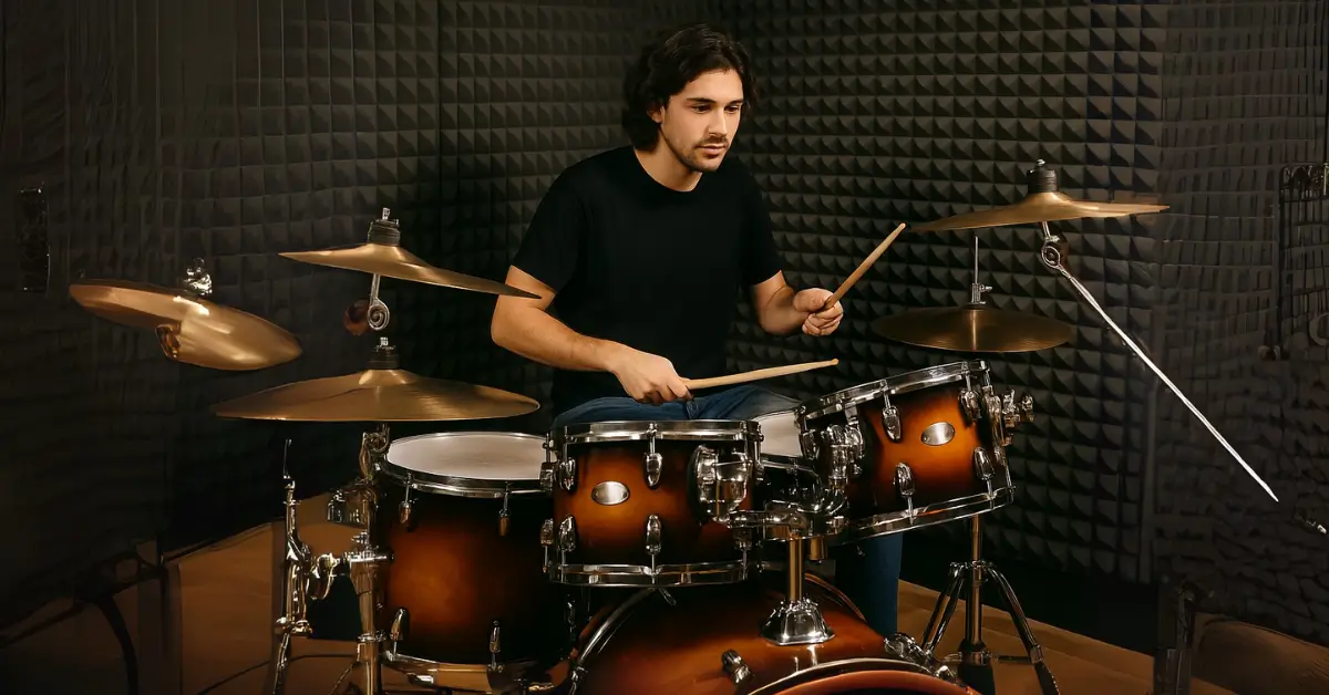 Jovem com cabelo longo tocando bateria sunburst em estúdio com painéis acústicos.