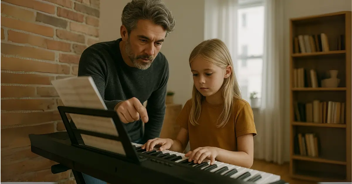 Homem de meia-idade ensinando uma menina loira a tocar teclado digital em uma sala com luz natural e parede de tijolos à vista. Professor ensina teclado para aluna jovem em ambiente acolhedor.