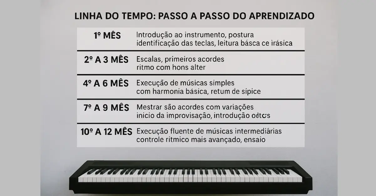 Tabela cronológica com cinco faixas de meses mostrando o passo a passo do aprendizado de teclado, desde a introdução até o domínio intermediário, com um teclado digital na base. Linha do tempo com etapas do aprendizado de teclado em 12 meses.