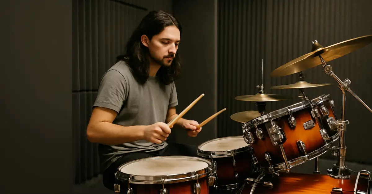Homem de cabelo comprido toca bateria com acabamento sunburst em estúdio acústico, representando aula presencial de bateria em Guarulhos. Jovem com cabelo longo tocando bateria sunburst em estúdio acústico.