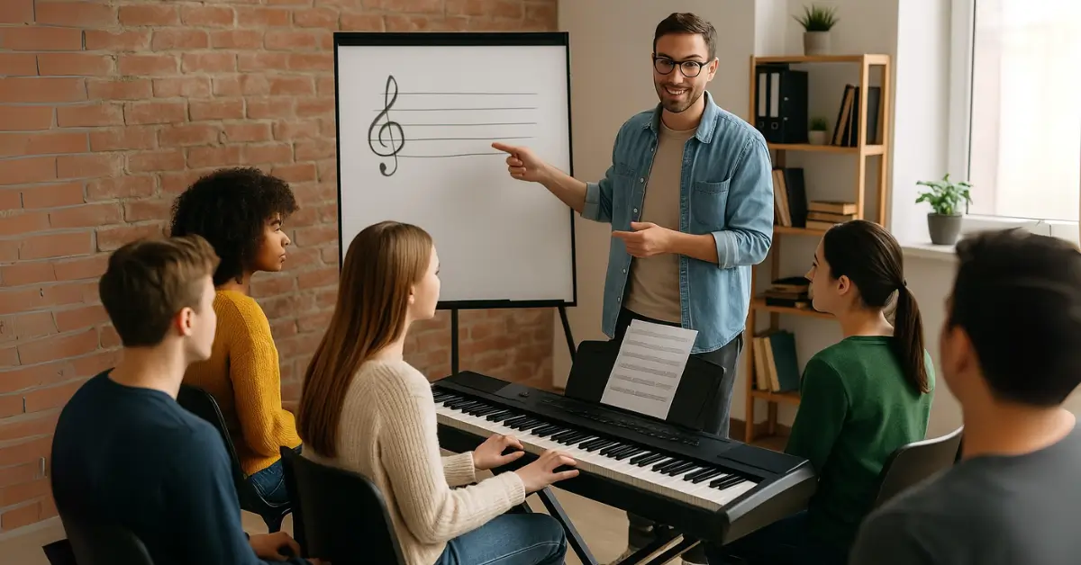 Professor sorridente ensina teoria musical a grupo diverso de alunos em uma sala com parede de tijolos e piano digital. Descubra o melhor curso de teclado em Vila Augusta Guarulhos