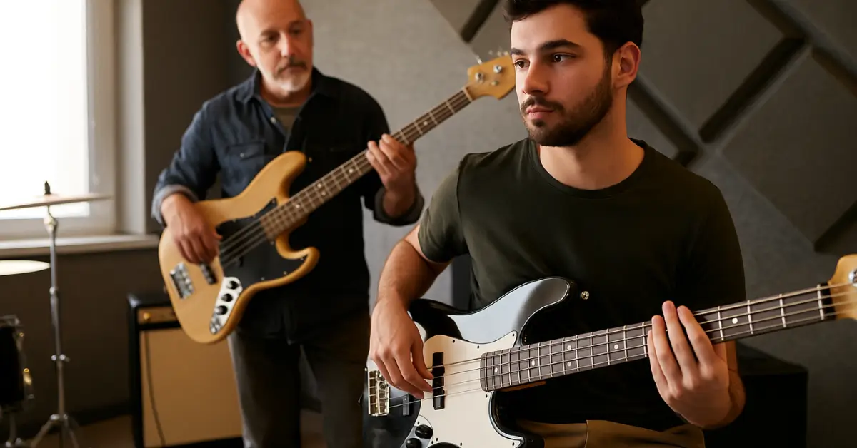 Jovem músico toca contrabaixo com atenção, enquanto professor observa ao fundo em sala iluminada.