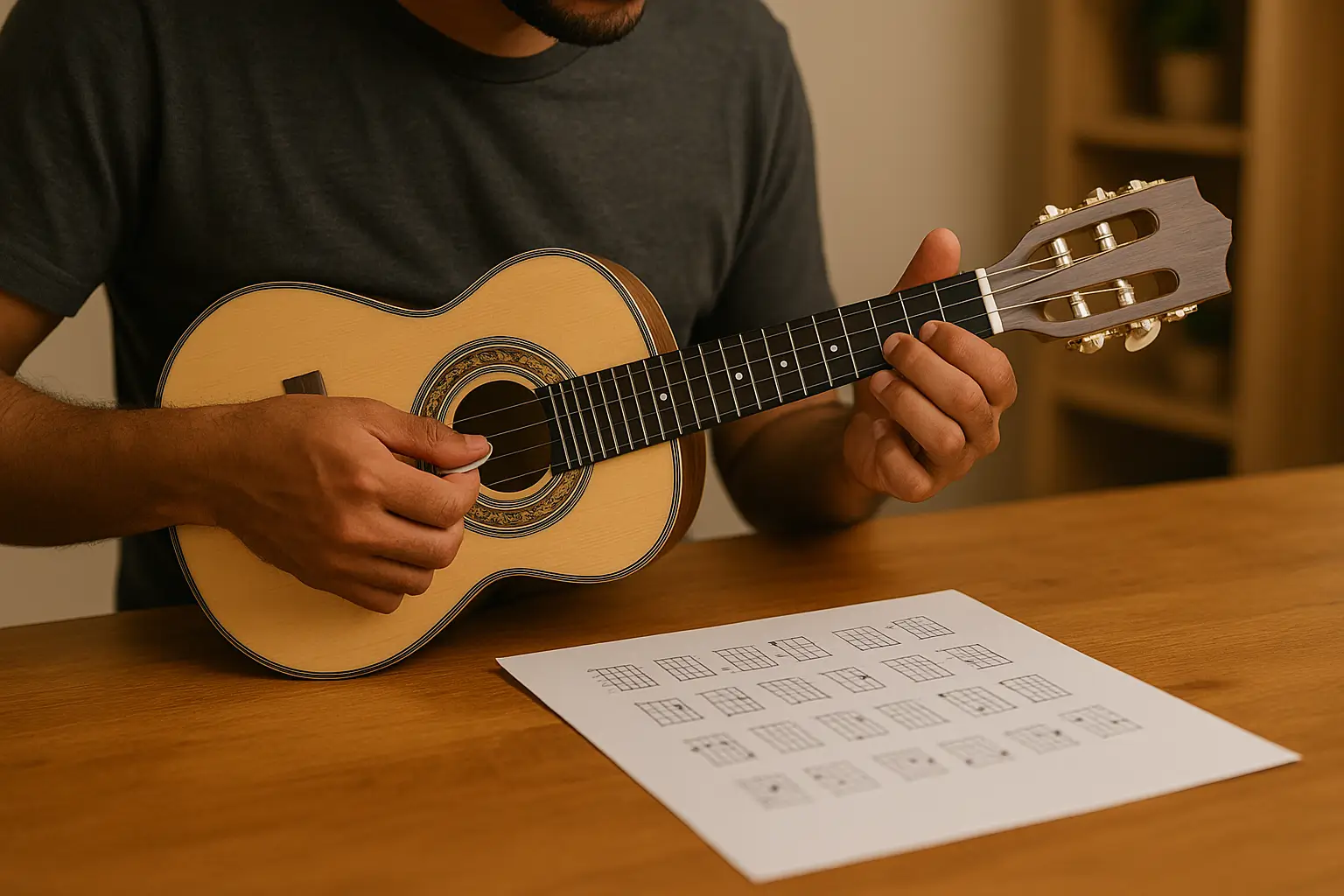 Estudante praticando cavaquinho com cifras impressas sobre a mesa em Guarulhos.