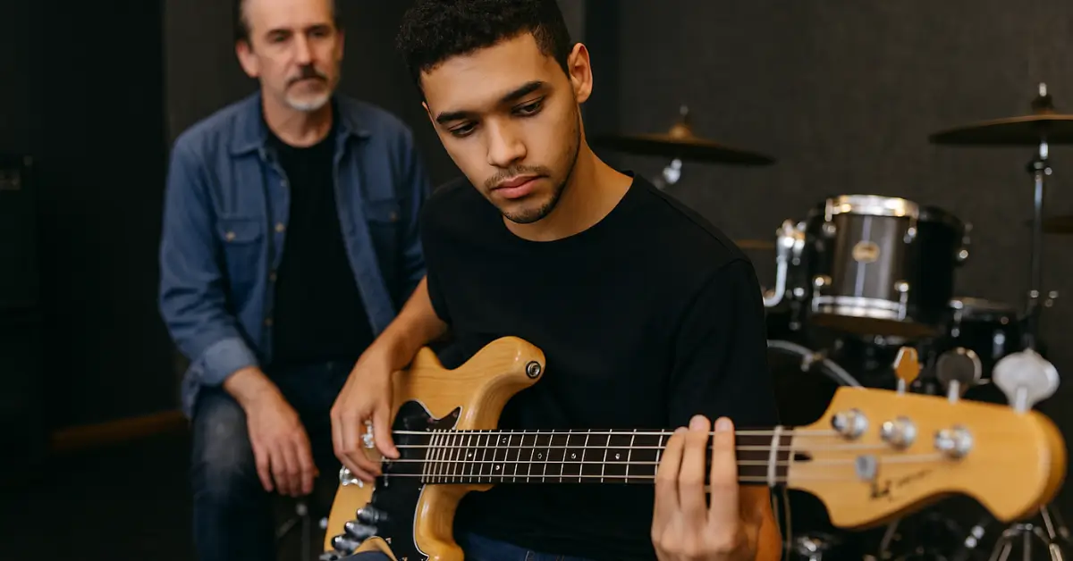 Jovem concentrado tocando contrabaixo em estúdio com professor observando ao fundo.