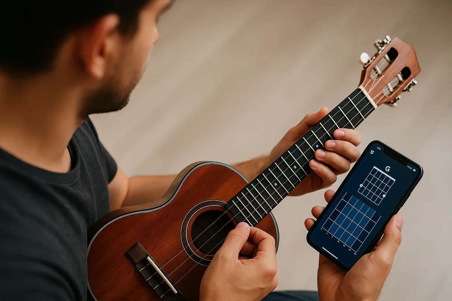 Jovem aprendendo cavaquinho com auxílio de app de cifras no celular em Guarulhos.