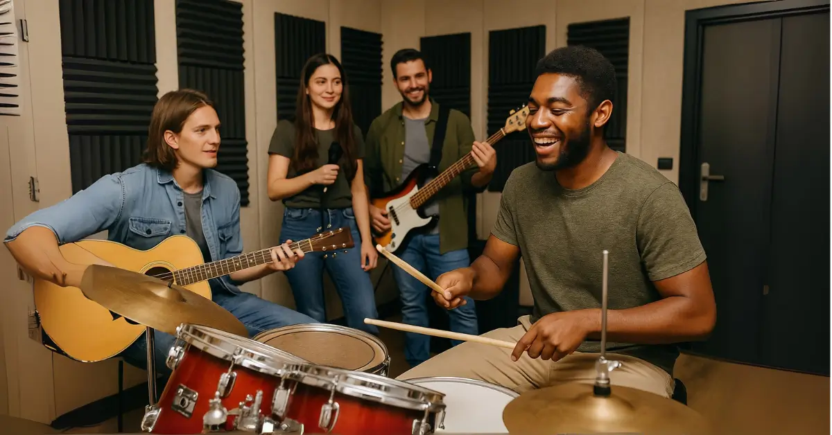 Jovem baterista tocando com grupo musical em estúdio com tratamento acústico e instrumentos variados em Guarulhos Baterista tocando com banda em sala de ensaio durante curso presencial