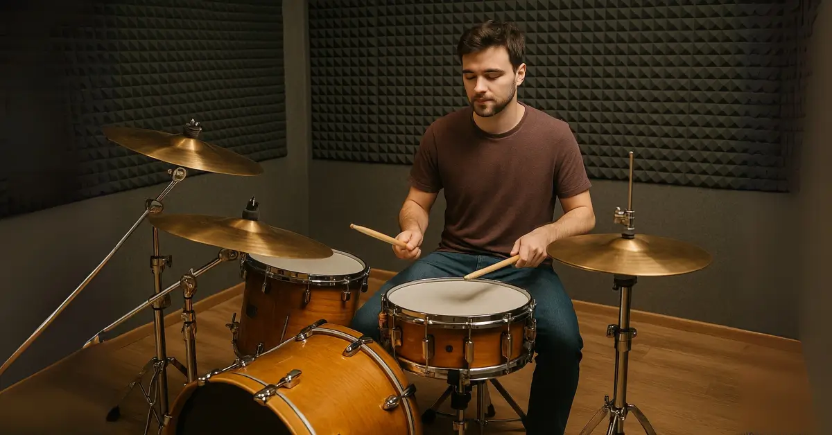 Homem tocando bateria em ambiente acústico com kit completo, retratando aula presencial de bateria em Guarulhos. Homem praticando bateria em estúdio com kit completo e painéis acústicos.