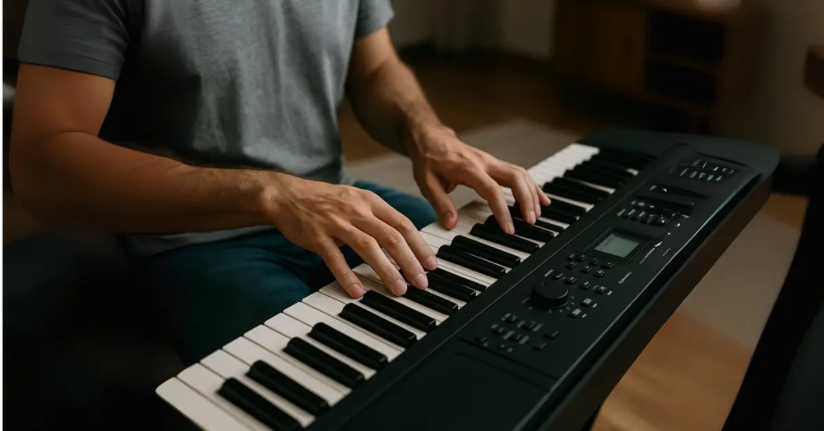 Mãos de um jovem tocando teclado digital preto em casa, com iluminação natural e foco na prática musical. Jovem tocando teclado em ambiente doméstico acolhedor.