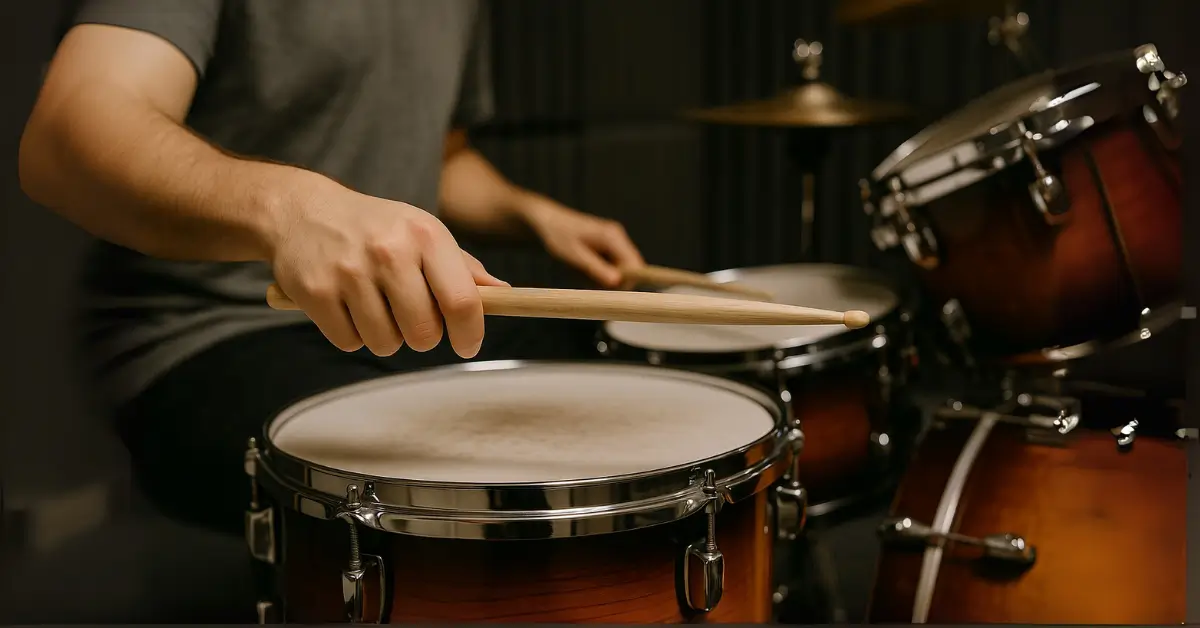 Close na mão segurando baqueta sobre pele de caixa de bateria sunburst com fundo acústico em estúdio de Guarulhos. Mão segurando baqueta sobre caixa de bateria em estúdio profissional.