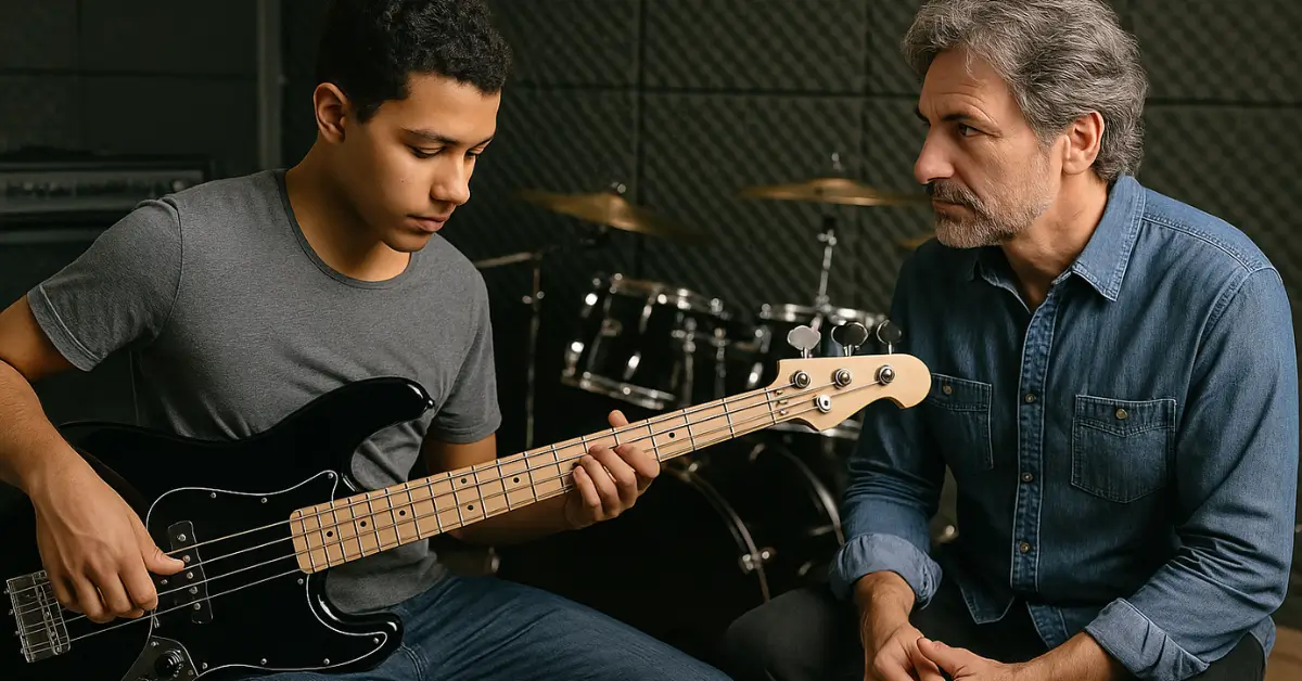 Jovem praticando contrabaixo preto com orientação de professor experiente em estúdio acústico.