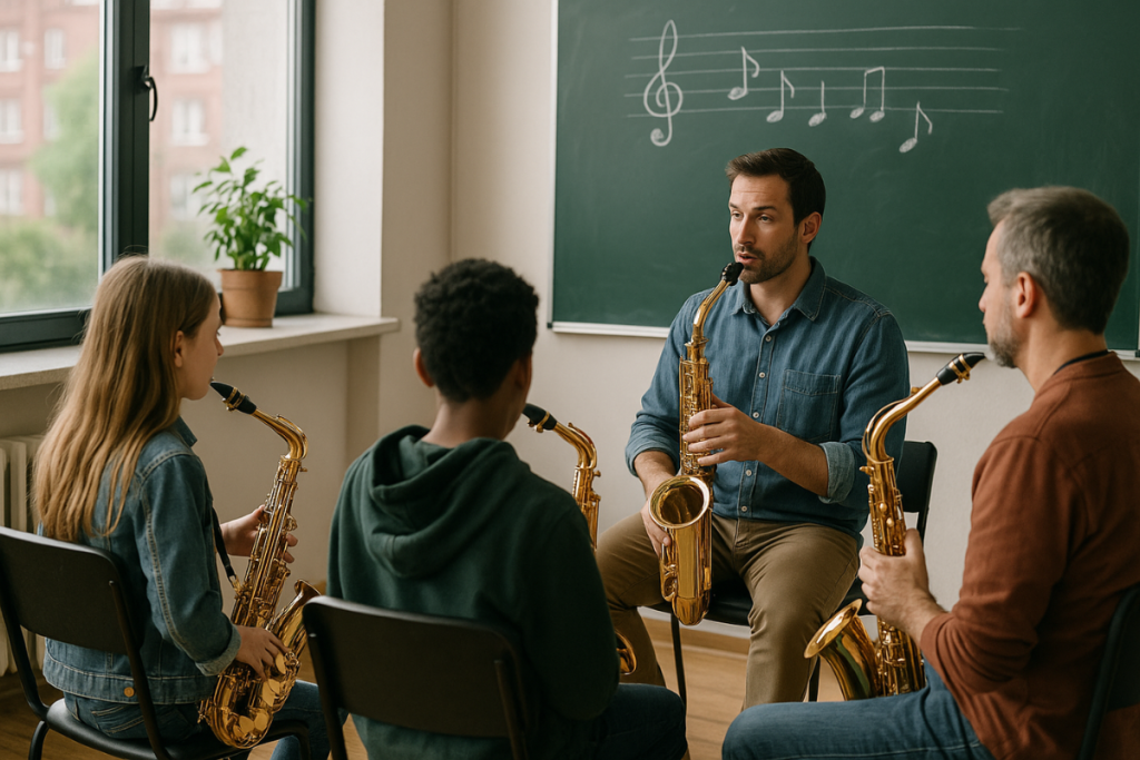 Aula presencial de saxofone em Vila Augusta com professor e alunos de diferentes idades aprendendo saxofone em sala iluminada.