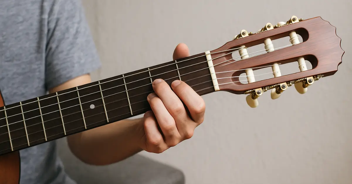 Close-up da mão formando acorde no braço do violão.