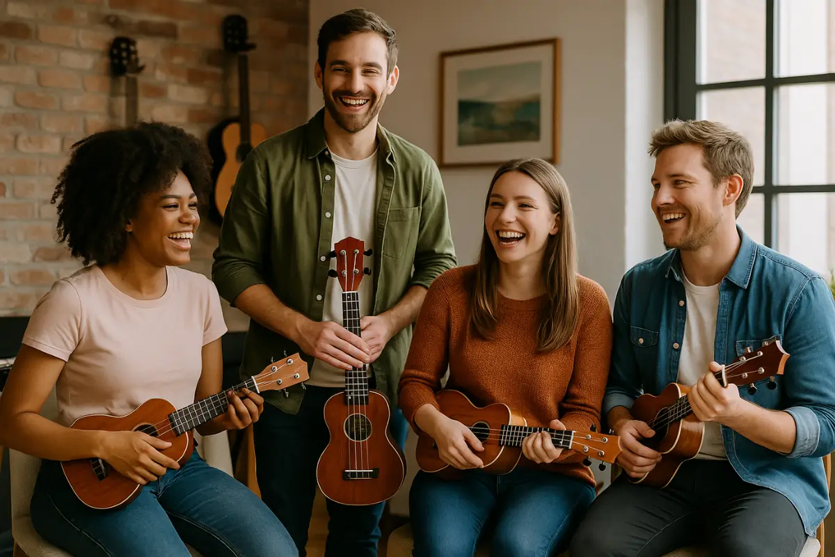 Quatro alunos sorrindo juntos com ukuleles em ambiente acolhedor de escola de música, celebrando após apresentação informal em Vila Augusta.