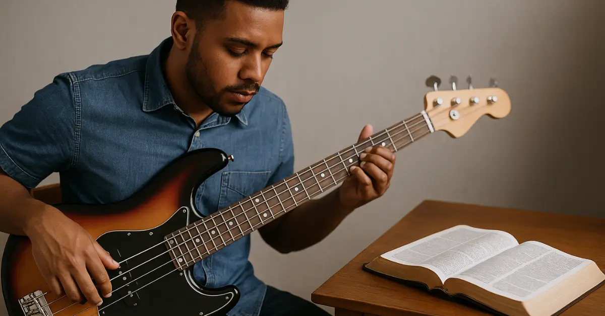 Baixista gospel praticando com Bíblia aberta sobre mesa ao lado.