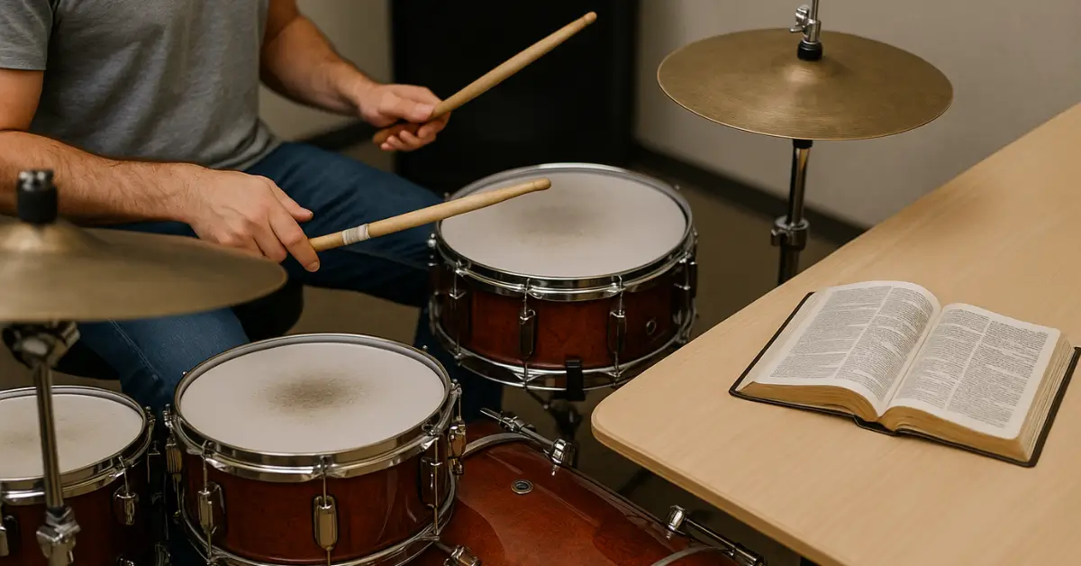 Baterista gospel tocando bateria com Bíblia aberta sobre mesa ao lado.
