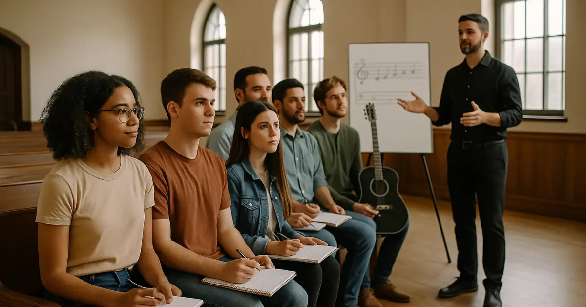 Aula prática de música com jovens atentos e professor ensinando teoria musical em igreja.