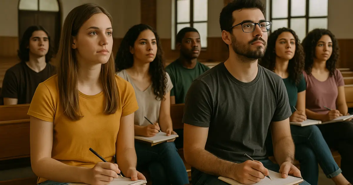 Jovens escrevendo em cadernos durante aula de formação musical em igreja evangélica.