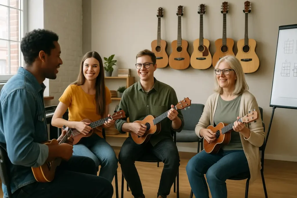 Quatro alunos de diferentes idades tocando ukulele em sala de aula iluminada em Vila Augusta, com instrumentos pendurados na parede e professor interagindo, todos de corpo inteiro.