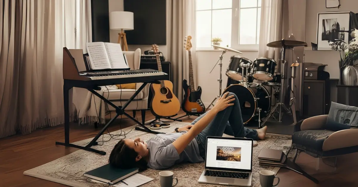 Cantor gospel tocando violão com Bíblia aberta sobre mesa.