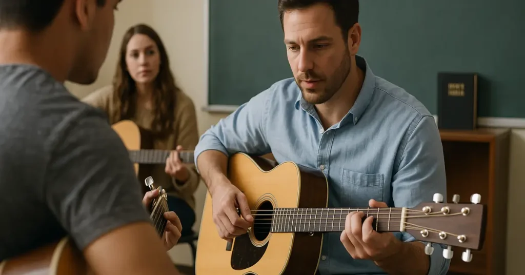 Aula de violão gospel em Guarulhos com Bíblia sobre a mesa ao fundo.