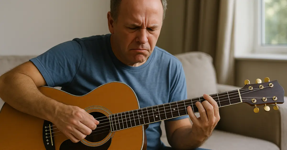 Homem de meia-idade concentrado tocando violão com expressão intensa no rosto.