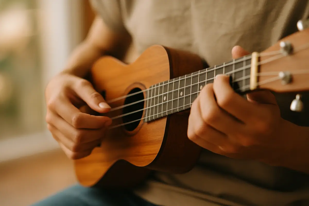Close nas mãos de uma pessoa tocando acordes no ukulele, com foco nos dedos e corpo do instrumento, luz natural e fundo desfocado em ambiente acolhedor.