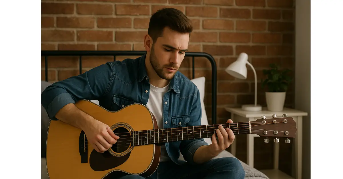 Jovem tocando violão em quarto com parede de tijolos, demonstrando foco e prática consciente.