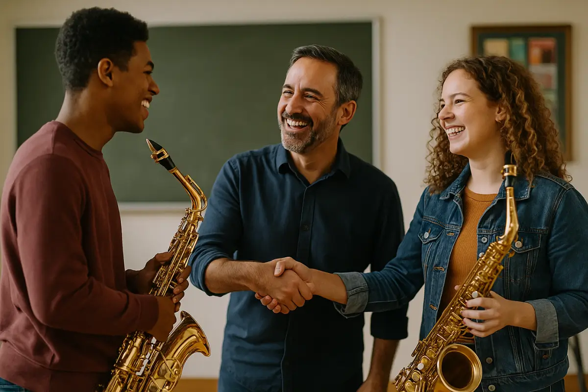 Professor cumprimenta e sorri para alunos após apresentação de saxofone, todos felizes em sala de música em Vila Augusta.