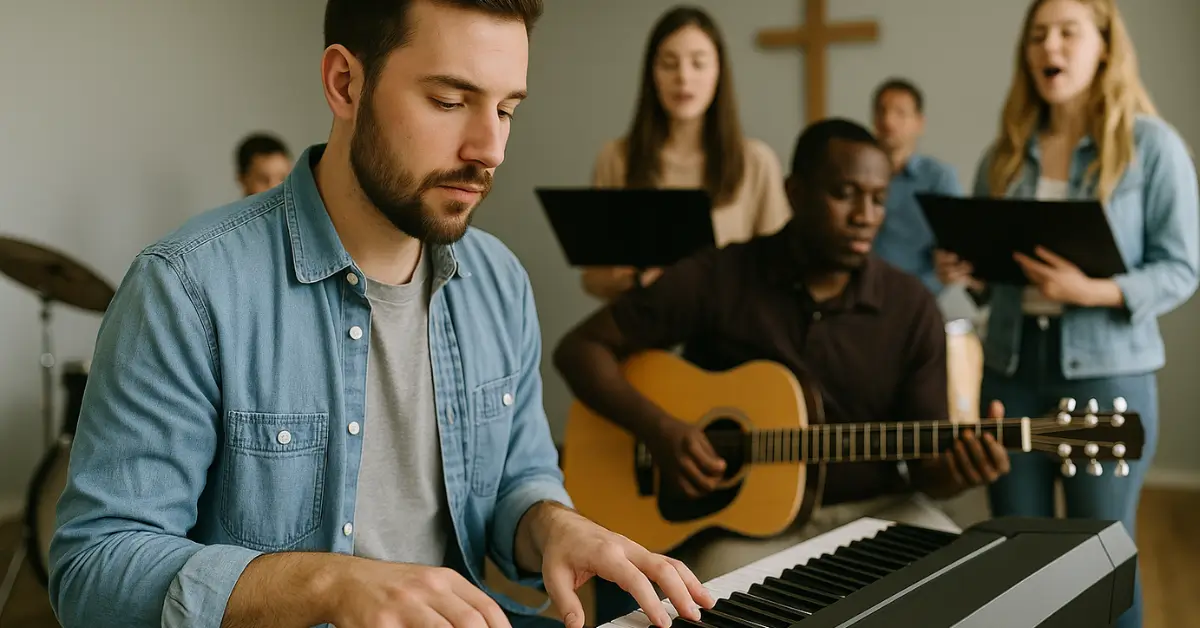 Aula de música gospel em Guarulhos com teclado, violão e canto em grupo na igreja.