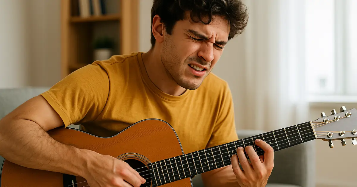 Jovem toca violão com dedos retos, dificultando a precisão das notas.
