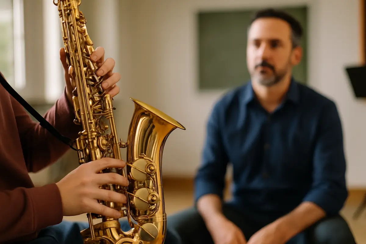 Close realista das mãos de aluno tocando saxofone dourado com professor observando ao fundo em sala de música.