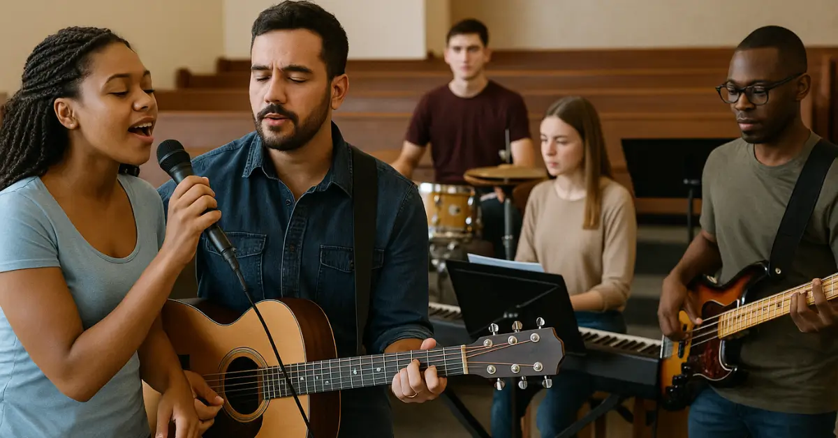 Banda evangélica ensaiando com vocalista, guitarrista, tecladista, baterista e baixista em igreja.