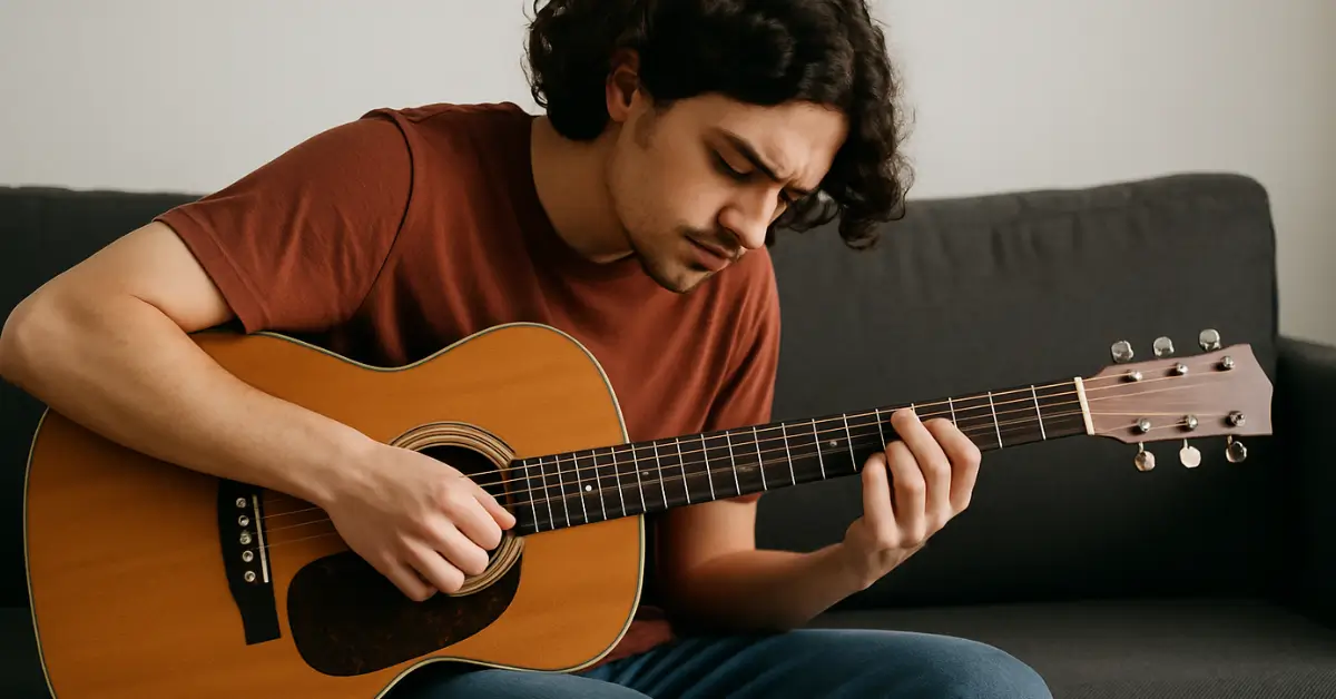 Jovem com olhos fechados e expressão concentrada tocando violão com atenção auditiva.