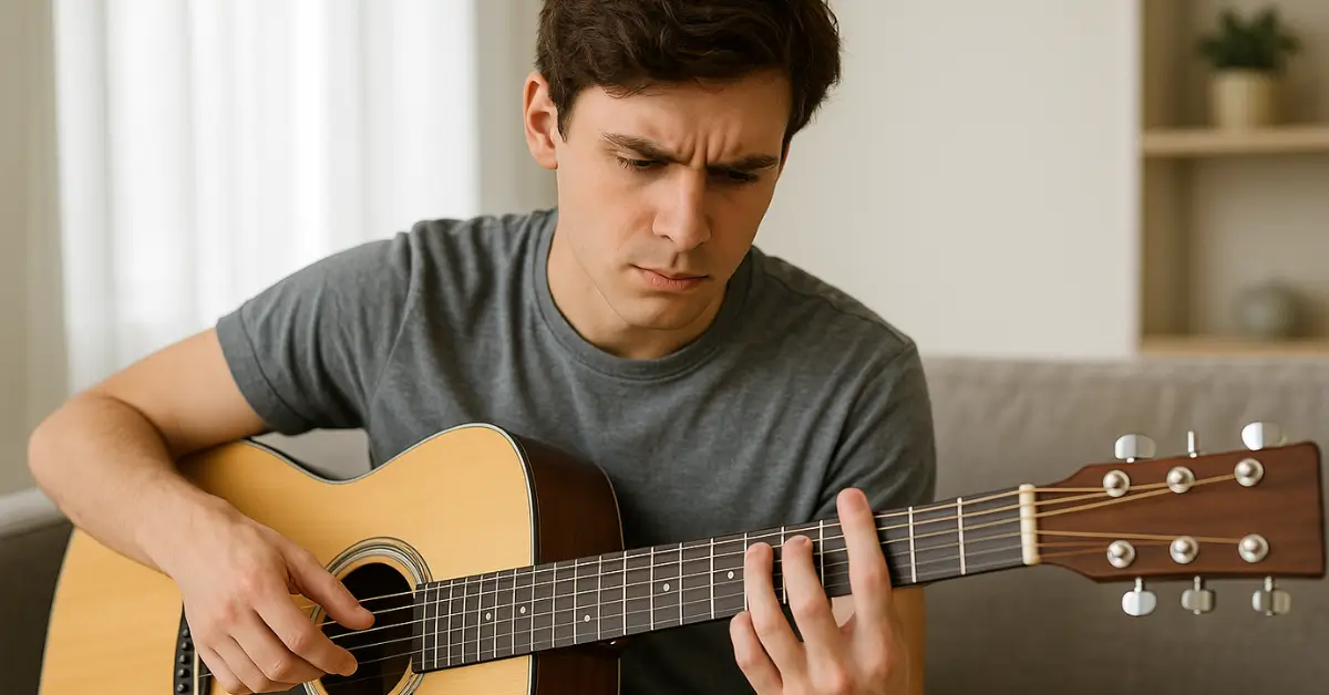 Jovem concentrado tocando violão, sem padrão rítmico definido na mão direita.