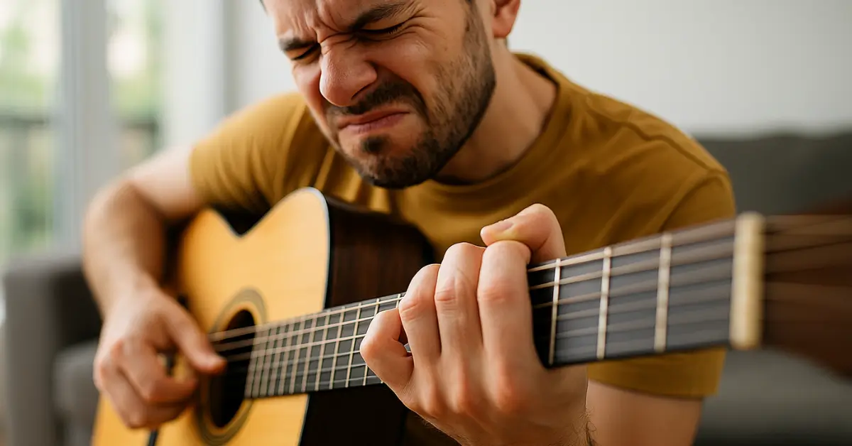 Homem jovem toca violão com expressão de esforço ao pressionar fortemente as cordas.