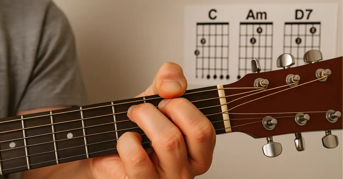 Mão pressionando acordes no violão com tensão e erro de posição