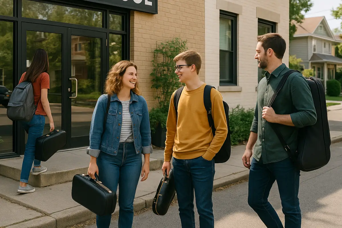 Fachada de escola de música moderna em Vila Augusta com alunos de diferentes idades chegando e conversando, carregando estojos de saxofone.