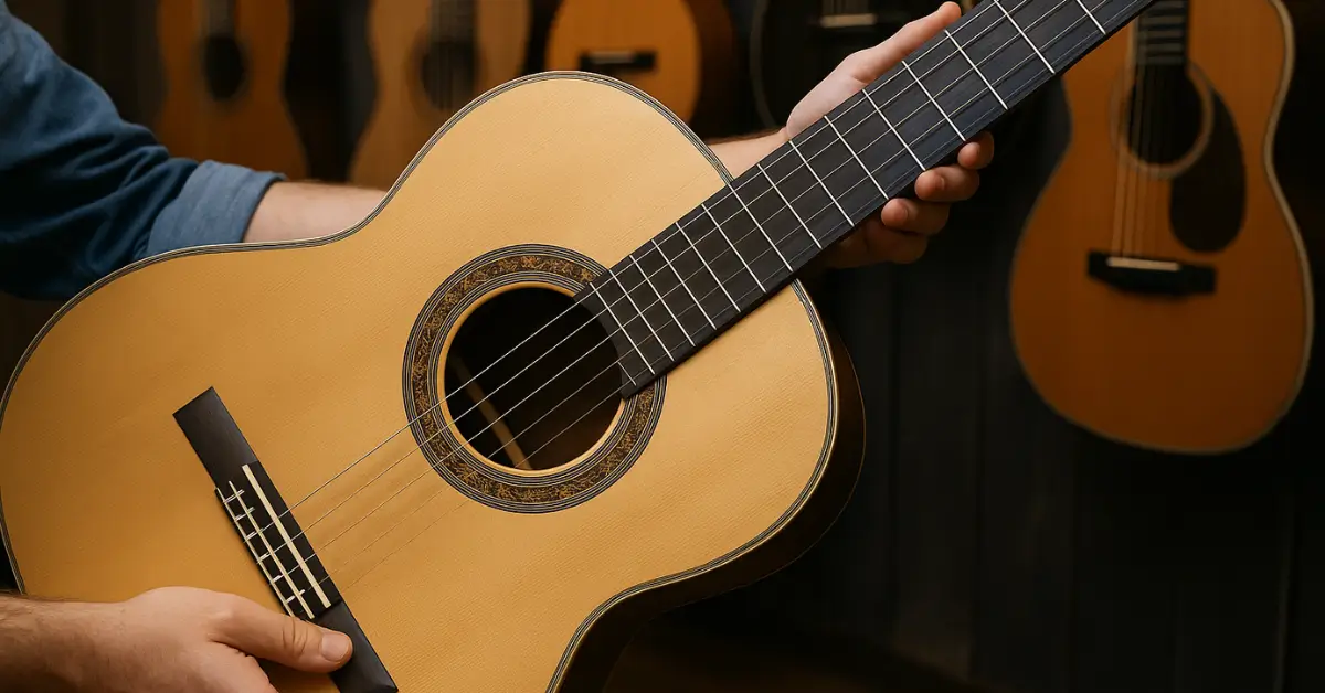 Mãos segurando um violão clássico em loja de instrumentos.