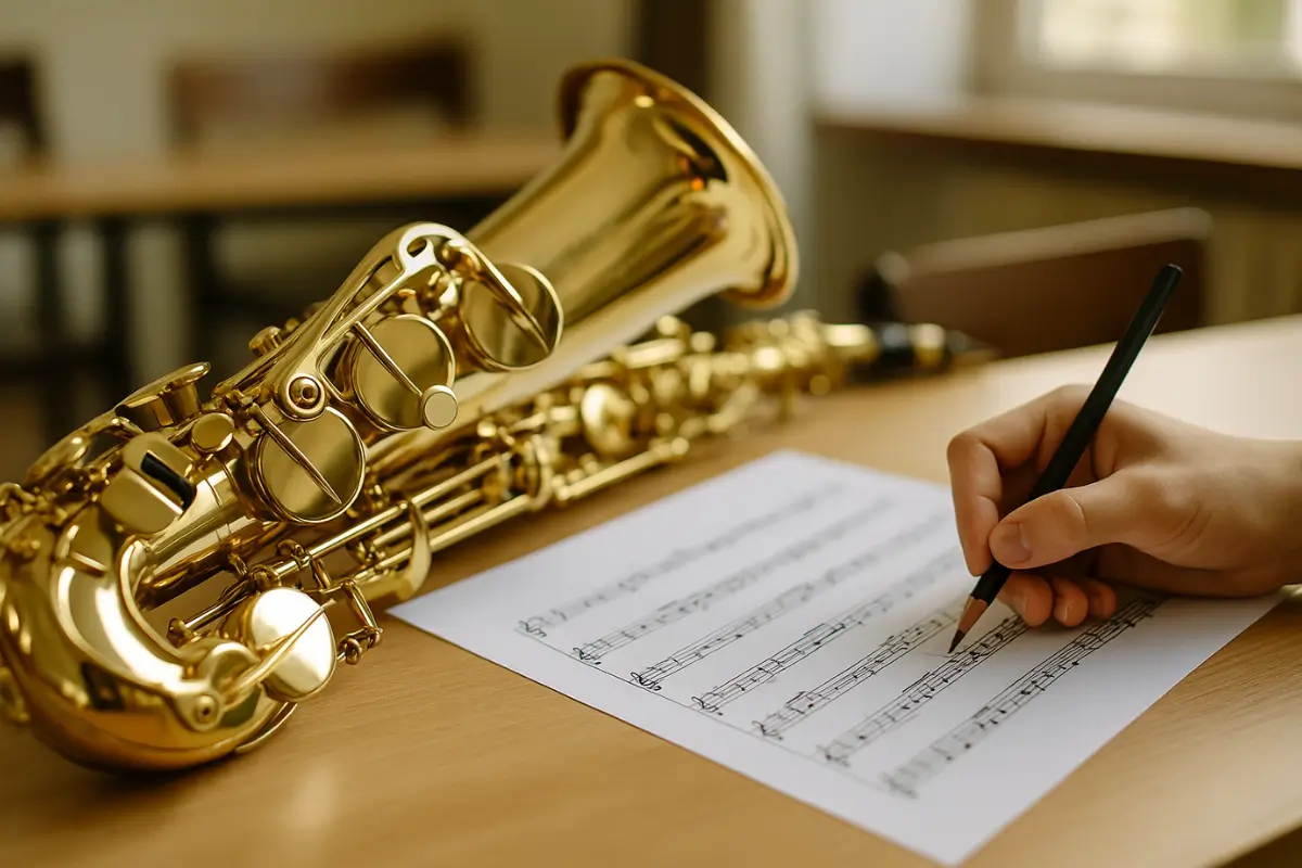 Close de saxofone dourado sobre partitura com mão de aluno fazendo anotações em sala de aula.