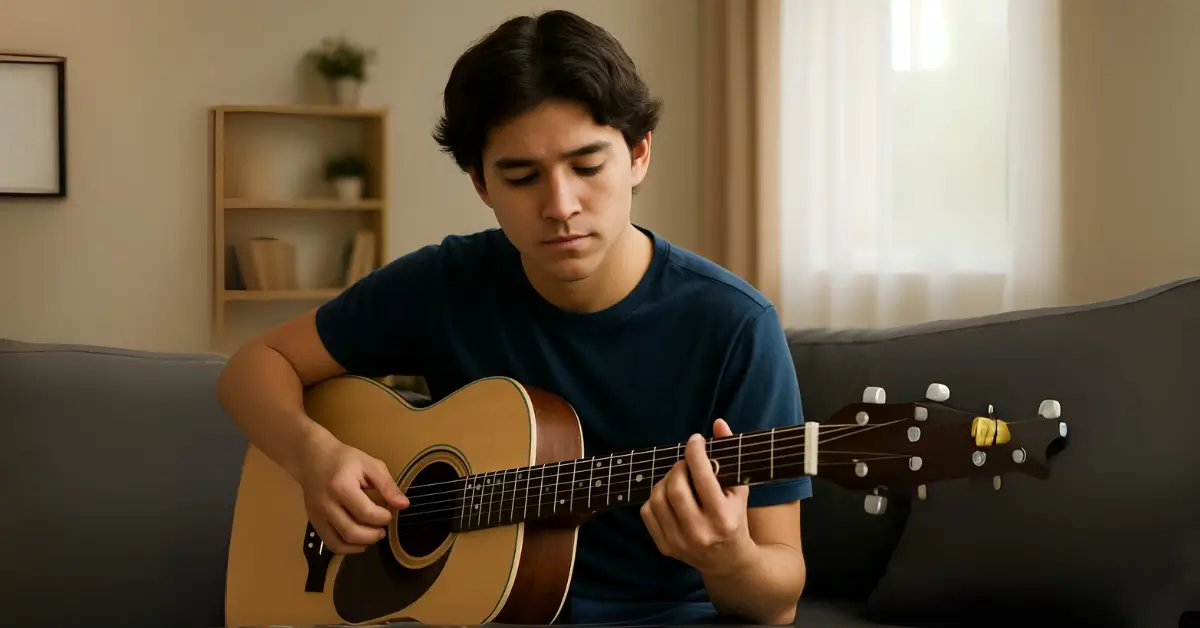 Jovem praticando violão com concentração, sentado em sofá cinza claro em ambiente iluminado.